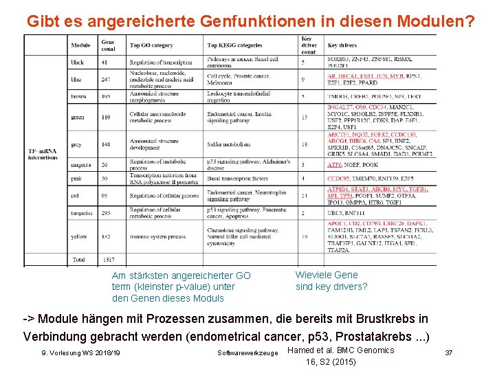 Gibt es angereicherte Genfunktionen in diesen Modulen? Am stärksten angereicherter GO term (kleinster p-value) Gibt es angereicherte Genfunktionen in diesen Modulen? Am stärksten angereicherter GO term (kleinster p-value)