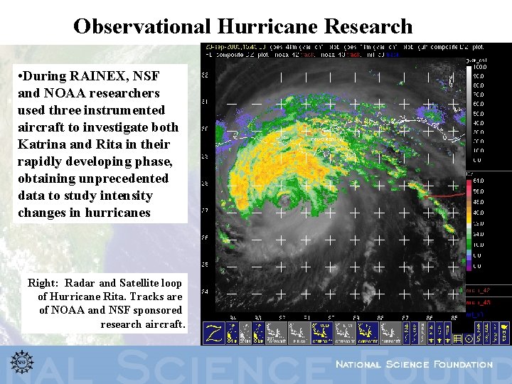 Observational Hurricane Research • During RAINEX, NSF and NOAA researchers used three instrumented aircraft