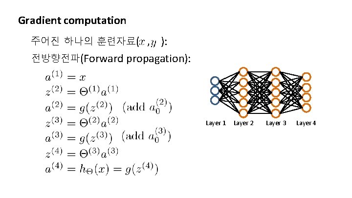 Gradient computation 주어진 하나의 훈련자료( , ): 전방향전파(Forward propagation): Layer 1 Layer 2 Layer