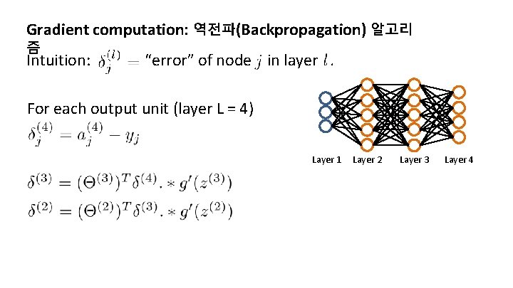 Gradient computation: 역전파(Backpropagation) 알고리 즘 Intuition: “error” of node in layer. For each output
