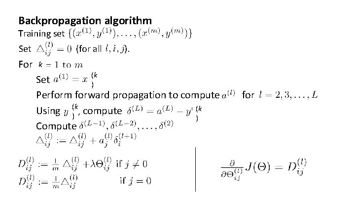 Backpropagation algorithm Training set Set (for all ). For k (k Set ) Perform