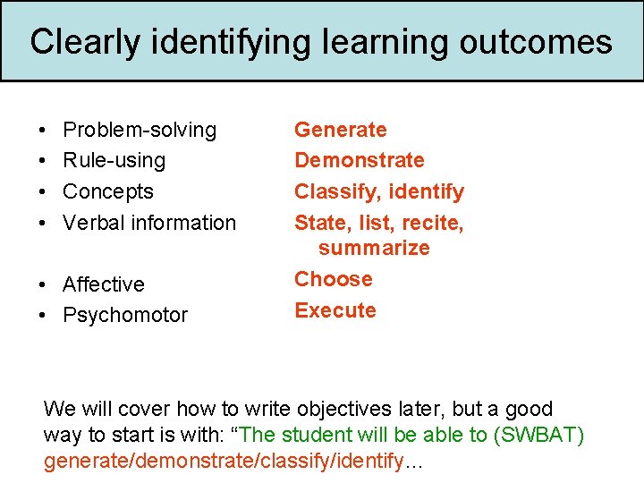 Clearly identifying learning outcomes • • Problem-solving Rule-using Concepts Verbal information • Affective •