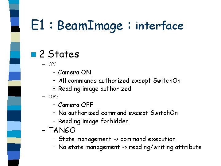 E 1 : Beam. Image : interface n 2 States – ON • Camera