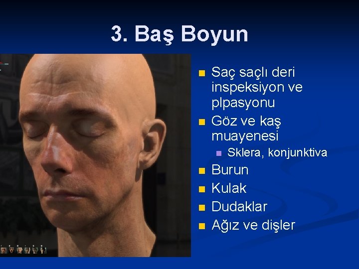 3. Baş Boyun n n Saç saçlı deri inspeksiyon ve plpasyonu Göz ve kaş