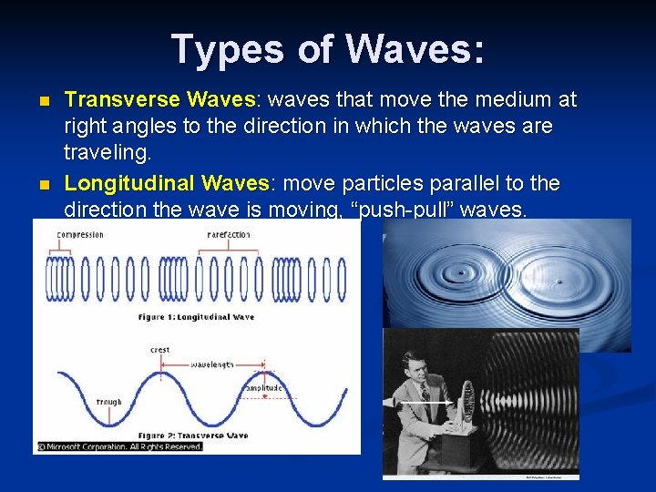 Types of Waves: n n Transverse Waves: waves that move the medium at right