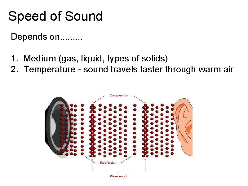 Speed of Sound Depends on. . 1. Medium (gas, liquid, types of solids) 2.