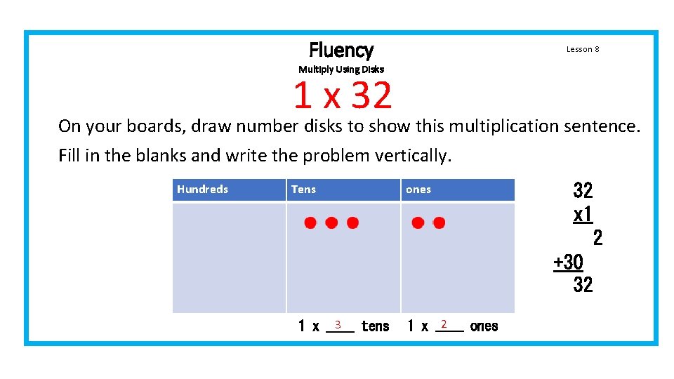 Fluency Lesson 8 Multiply Using Disks 1 x 32 On your boards, draw number Fluency Lesson 8 Multiply Using Disks 1 x 32 On your boards, draw number