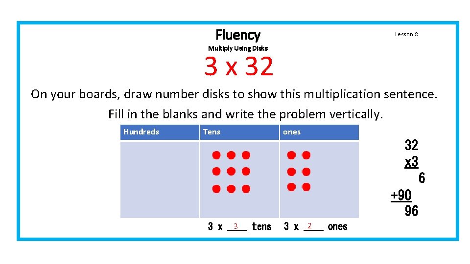 Fluency Lesson 8 Multiply Using Disks 3 x 32 On your boards, draw number Fluency Lesson 8 Multiply Using Disks 3 x 32 On your boards, draw number