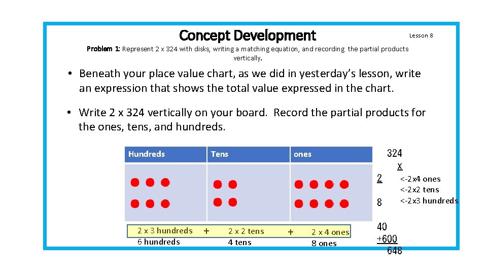 Concept Development Lesson 8 Problem 1: Represent 2 x 324 with disks, writing a Concept Development Lesson 8 Problem 1: Represent 2 x 324 with disks, writing a