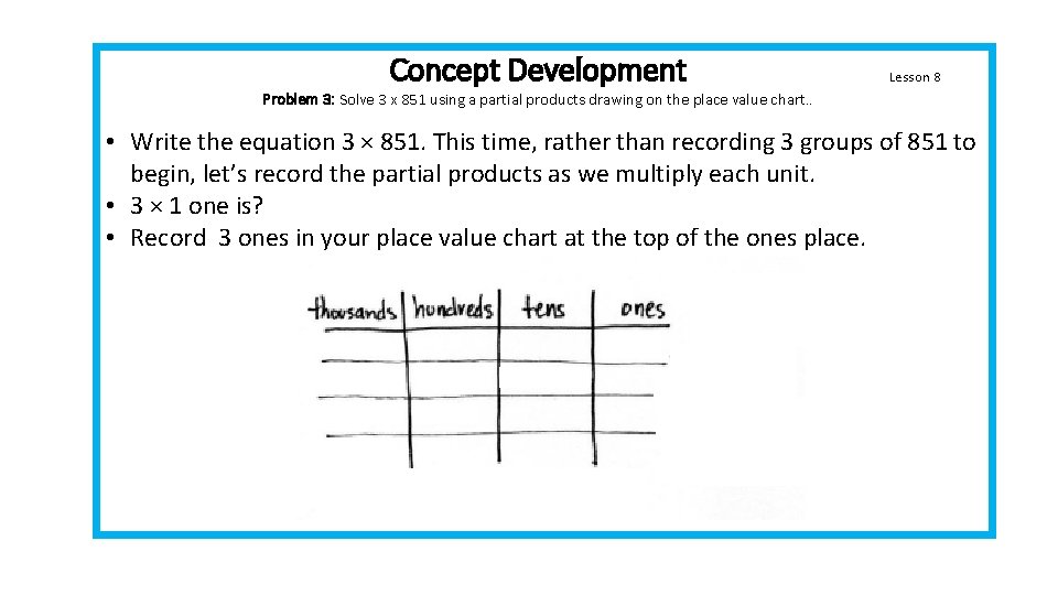 Concept Development Lesson 8 Problem 3: Solve 3 x 851 using a partial products Concept Development Lesson 8 Problem 3: Solve 3 x 851 using a partial products