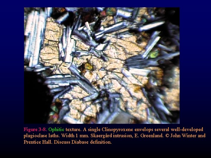 Figure 3 -8. Ophitic texture. A single Clinopyroxene envelops several well-developed plagioclase laths. Width