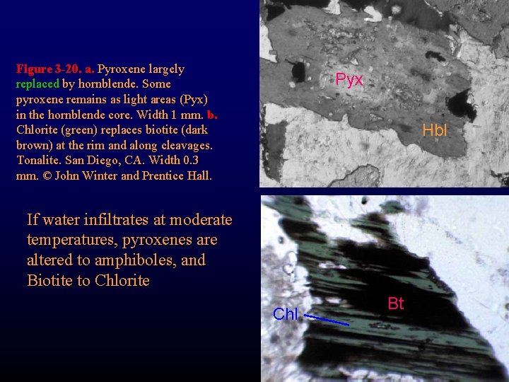 Figure 3 -20. a. Pyroxene largely replaced by hornblende. Some pyroxene remains as light