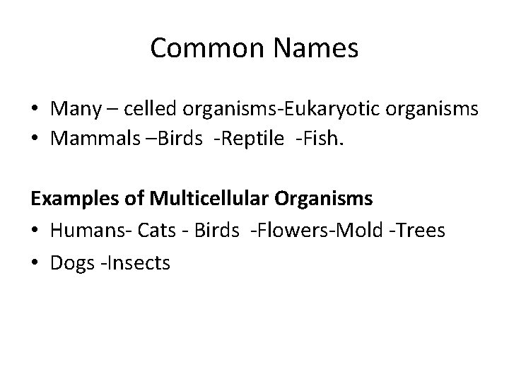 Common Names • Many – celled organisms-Eukaryotic organisms • Mammals –Birds -Reptile -Fish. Examples