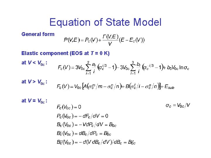 Equation of State Model General form Elastic component (EOS at T = 0 K)