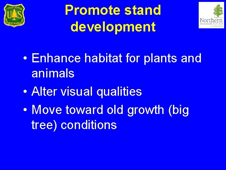 Promote stand development • Enhance habitat for plants and animals • Alter visual qualities