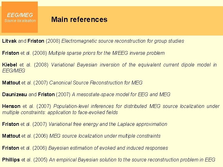 EEG/MEG Source localisation Main references Litvak and Friston (2008) Electromagnetic source reconstruction for group