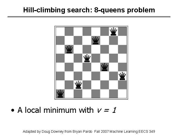 Hill-climbing search: 8 -queens problem • A local minimum with v = 1 Adapted