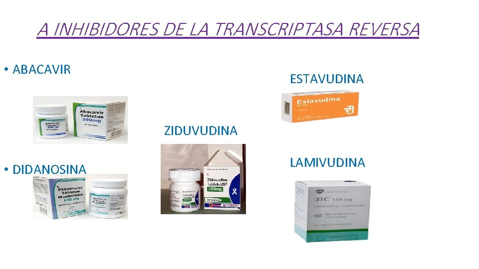 A INHIBIDORES DE LA TRANSCRIPTASA REVERSA • ABACAVIR ESTAVUDINA ZIDUVUDINA • DIDANOSINA LAMIVUDINA 