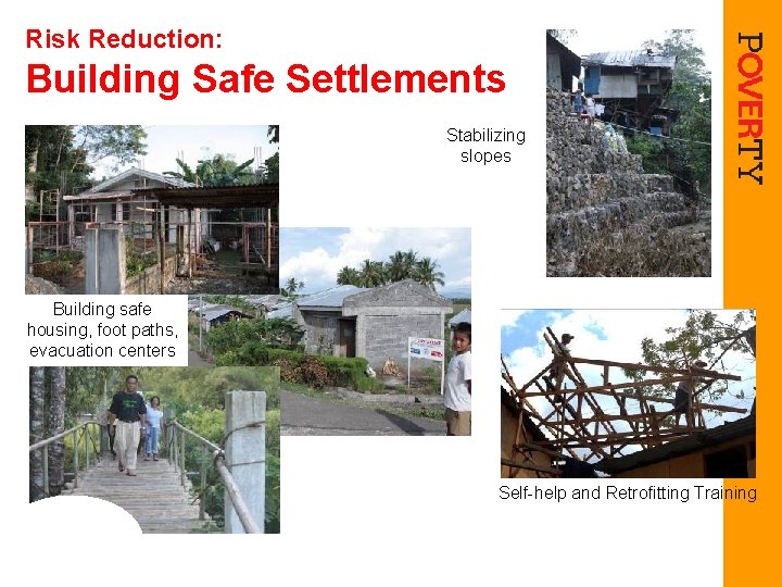 Risk Reduction: Building Safe Settlements Stabilizing slopes Building safe housing, foot paths, evacuation centers