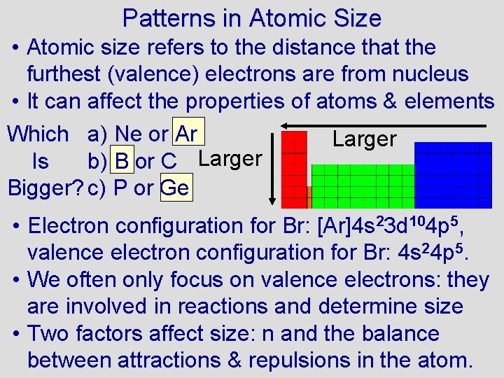 Patterns in Atomic Size • Atomic size refers to the distance that the furthest