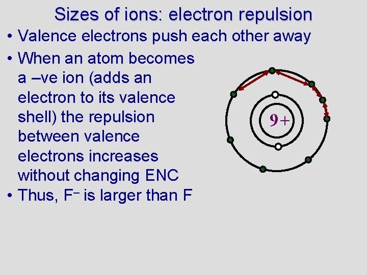 Sizes of ions: electron repulsion • Valence electrons push each other away • When
