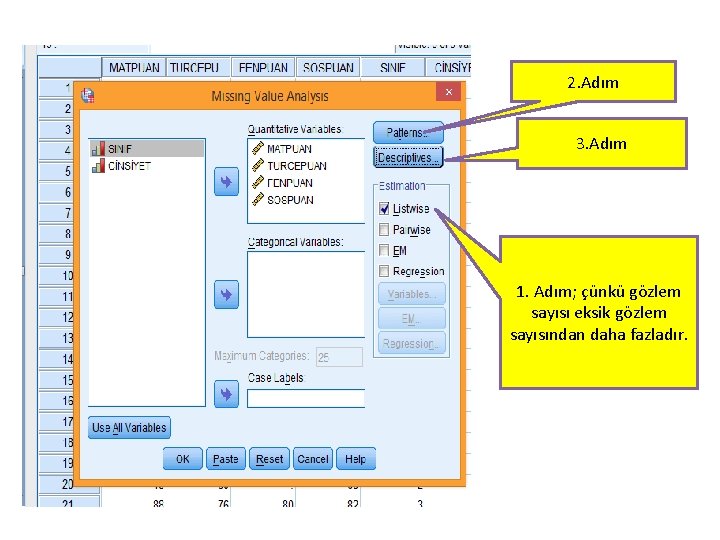 2. Adım 3. Adım 1. Adım; çünkü gözlem sayısı eksik gözlem sayısından daha fazladır.