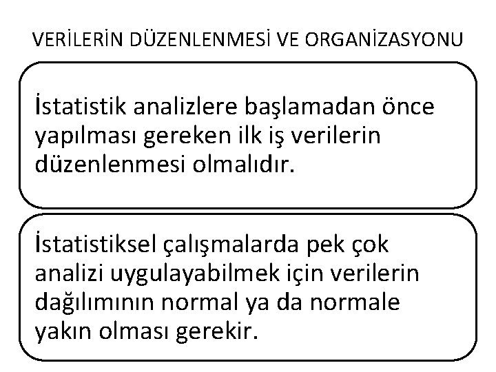 VERİLERİN DÜZENLENMESİ VE ORGANİZASYONU İstatistik analizlere başlamadan önce yapılması gereken ilk iş verilerin düzenlenmesi