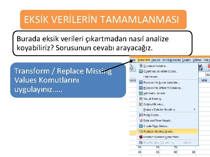 EKSİK VERİLERİN TAMAMLANMASI Burada eksik verileri çıkartmadan nasıl analize koyabiliriz? Sorusunun cevabı arayacağız. Transform