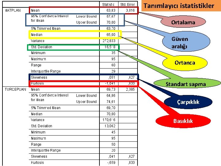 Tanımlayıcı istatistikler Ortalama Güven aralığı Ortanca Standart sapma Çarpıklık Basıklık 