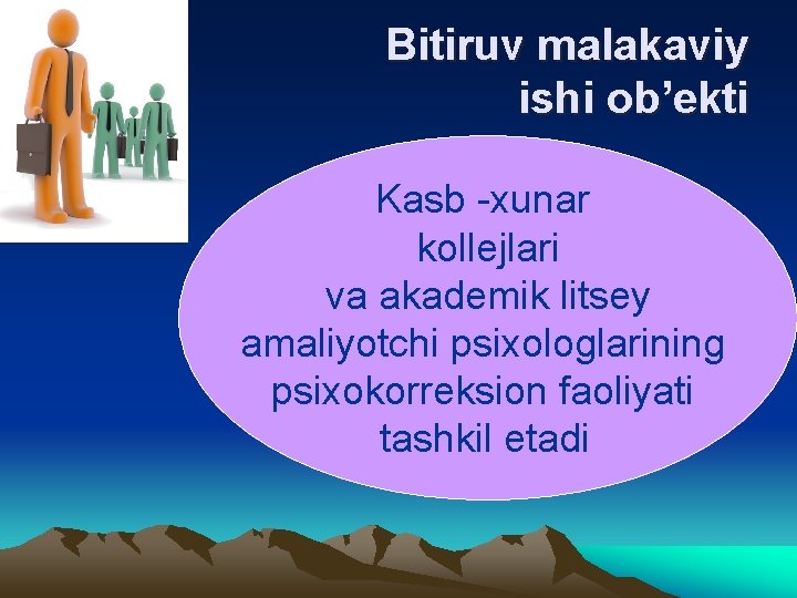 Bitiruv malakaviy ishi ob’ekti Kasb -xunar kollejlari va akademik litsey amaliyotchi psixologlarining psixokorreksion faoliyati