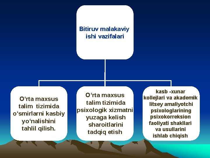 Bitiruv malakaviy ishi vazifalari O‘rta maxsus talim tizimida o‘smirlarni kasbiy yo‘nalishini tahlil qilish. O‘rta