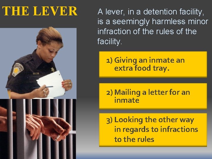 THE LEVER A lever, in a detention facility, is a seemingly harmless minor infraction