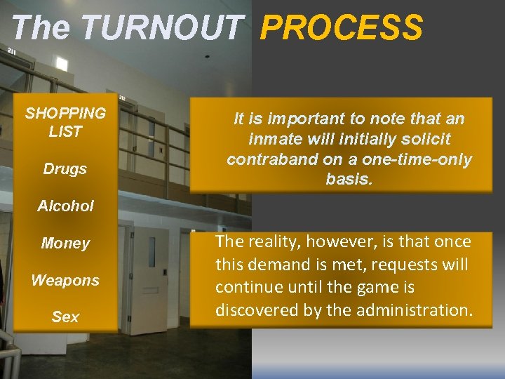 The TURNOUT PROCESS SHOPPING LIST Drugs It is important to note that an inmate