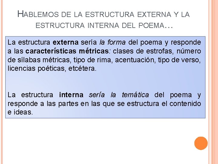 HABLEMOS DE LA ESTRUCTURA EXTERNA Y LA ESTRUCTURA INTERNA DEL POEMA… La estructura externa