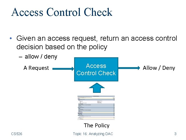 Access Control Check • Given an access request, return an access control decision based