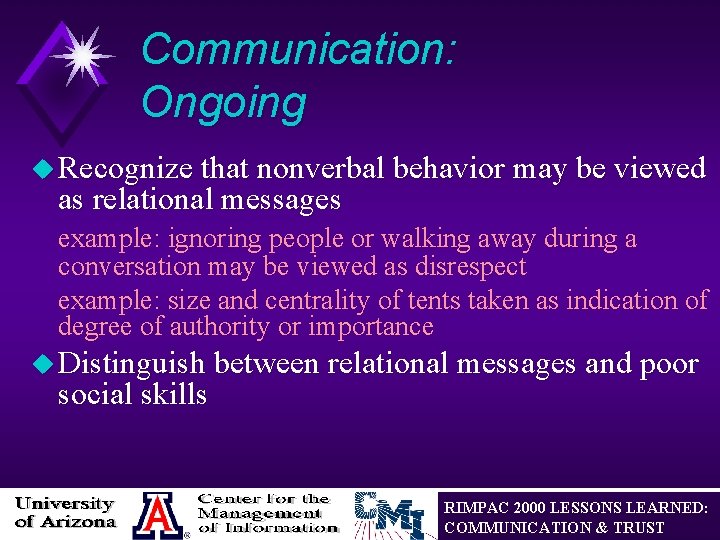 Communication: Ongoing u Recognize that nonverbal behavior may be viewed as relational messages example: