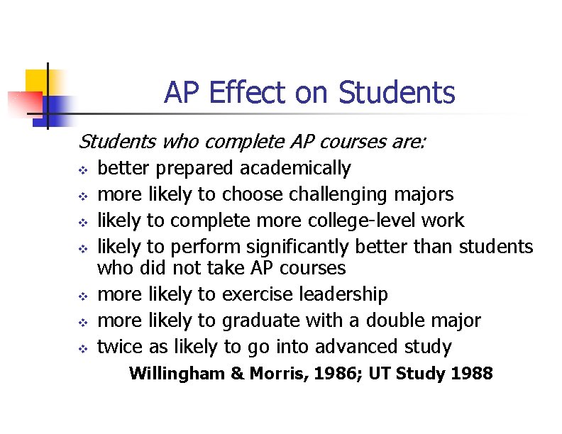 AP Effect on Students who complete AP courses are: v v v v better