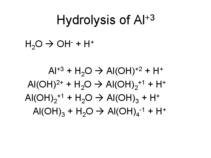 Hydrolysis of Al+3 H 2 O OH- + H+ Al+3 + H 2 O Hydrolysis of Al+3 H 2 O OH- + H+ Al+3 + H 2 O