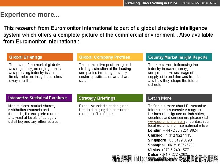 Retailing: Direct Selling in China © Euromonitor International Experience more. . . This research Retailing: Direct Selling in China © Euromonitor International Experience more. . . This research