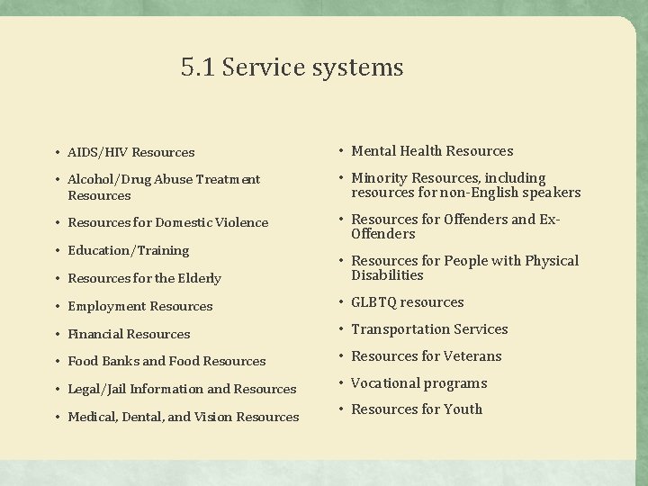 5. 1 Service systems • AIDS/HIV Resources • Mental Health Resources • Alcohol/Drug Abuse