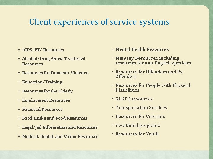 Client experiences of service systems • AIDS/HIV Resources • Mental Health Resources • Alcohol/Drug