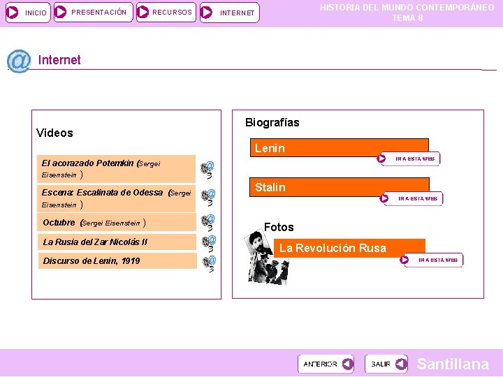 INICIO PRESENTACIÓN RECURSOS HISTORIA DEL MUNDO CONTEMPORÁNEO TEMA 8 INTERNET Internet Biografías Videos Lenin