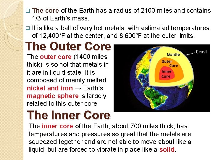 The core of the Earth has a radius of 2100 miles and contains 1/3