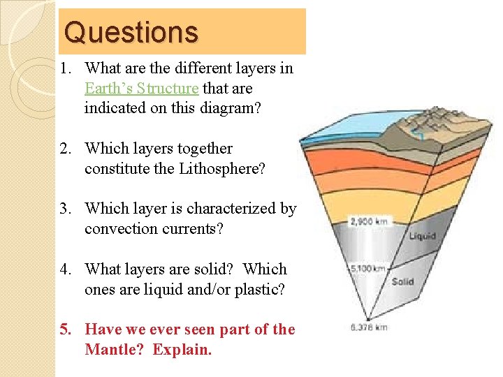 Questions 1. What are the different layers in Earth’s Structure that are indicated on