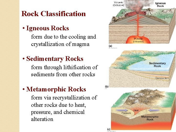  Rock Classification • Igneous Rocks form due to the cooling and crystallization of