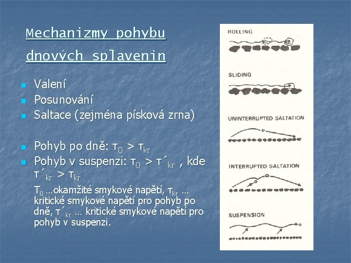 Mechanizmy pohybu dnových splavenin n n Valení Posunování Saltace (zejména písková zrna) Pohyb po