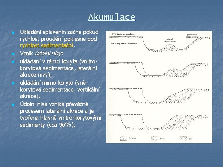 Akumulace n n n Ukládání splavenin začne pokud rychlost proudění poklesne pod rychlost sedimentační