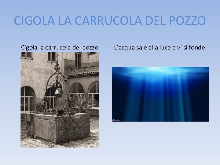 CIGOLA LA CARRUCOLA DEL POZZO Cigola la carrucola del pozzo L’acqua sale alla luce