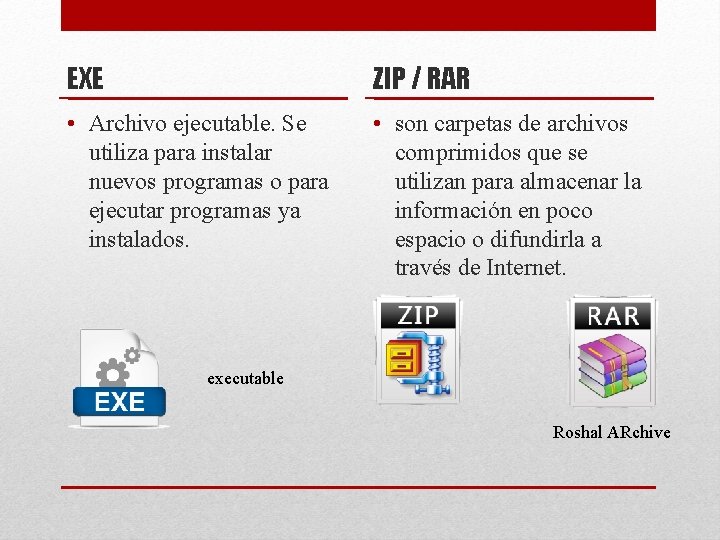 EXE ZIP / RAR • Archivo ejecutable. Se utiliza para instalar nuevos programas o