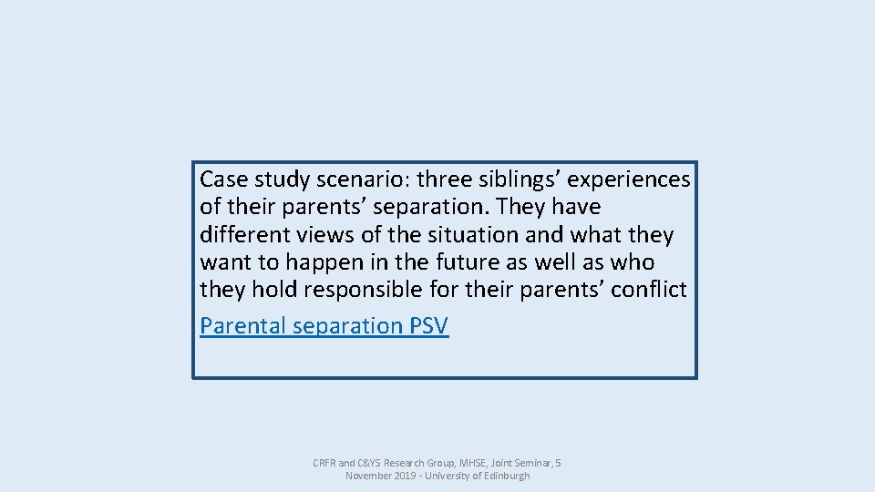 Case study scenario: three siblings’ experiences of their parents’ separation. They have different views